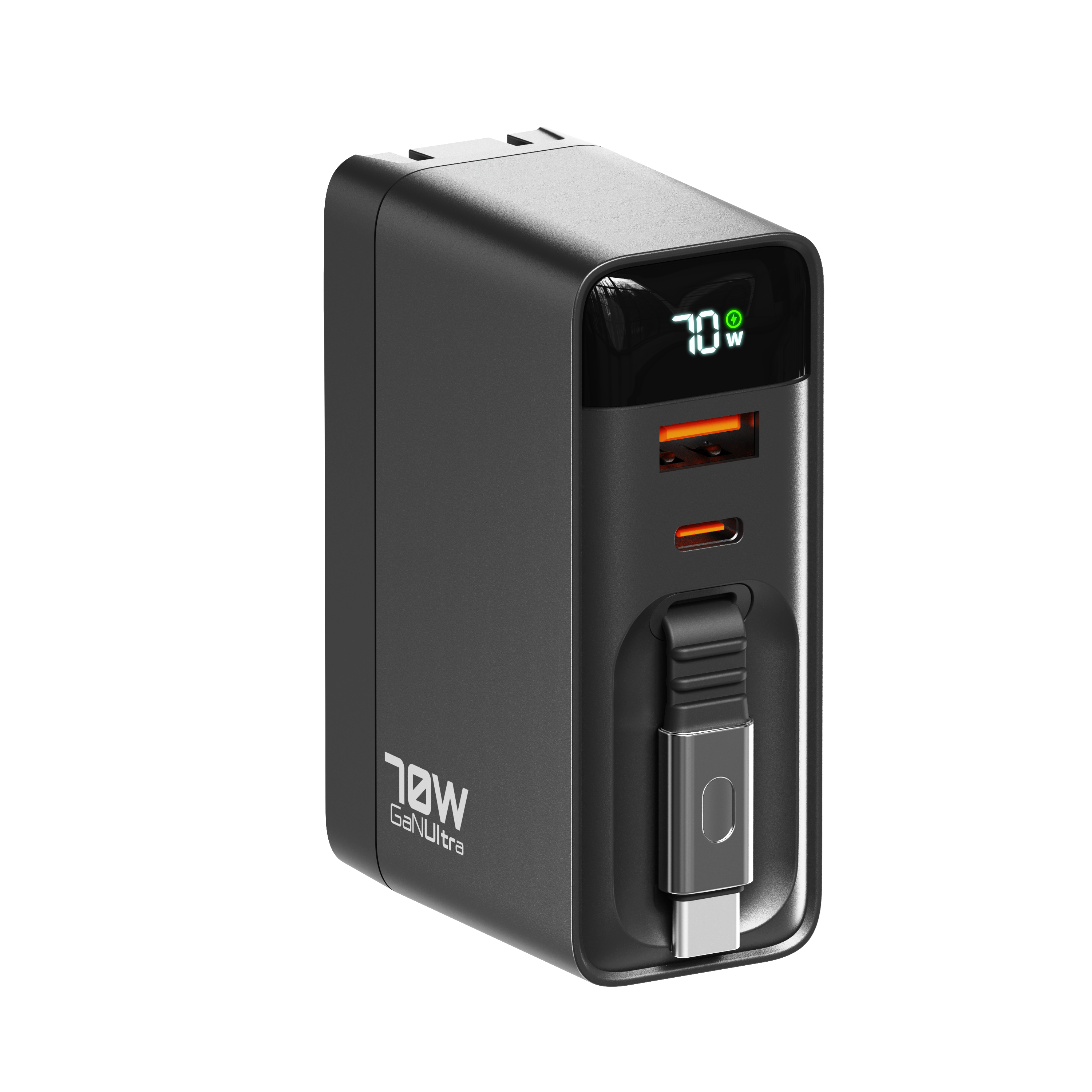 70W Wall Charger w/ Retractable USB-C Cable, LED Display, Folding Wall Prongs & USB-A & C ports