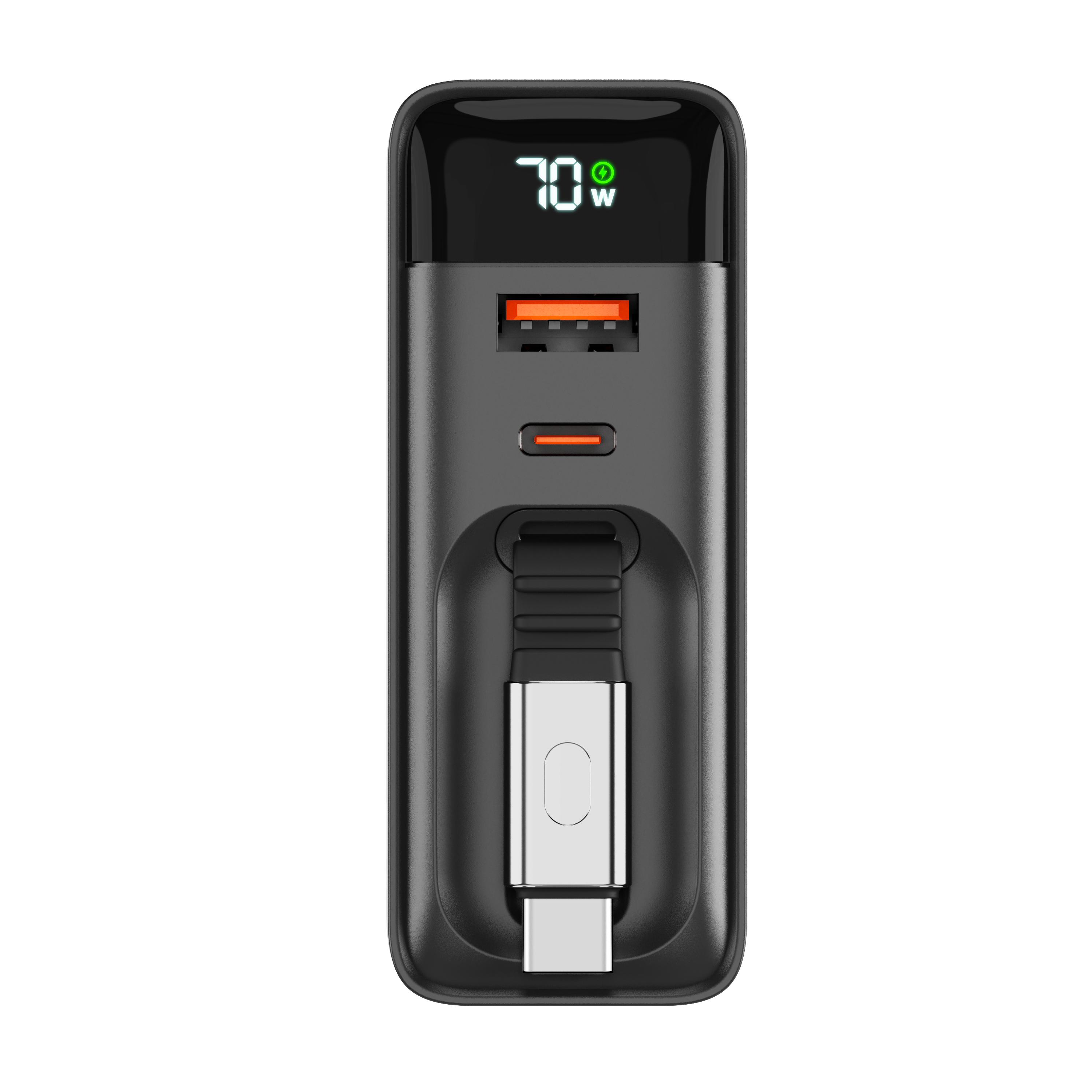 70W Wall Charger w/ Retractable USB-C Cable, LED Display, Folding Wall Prongs & USB-A & C ports