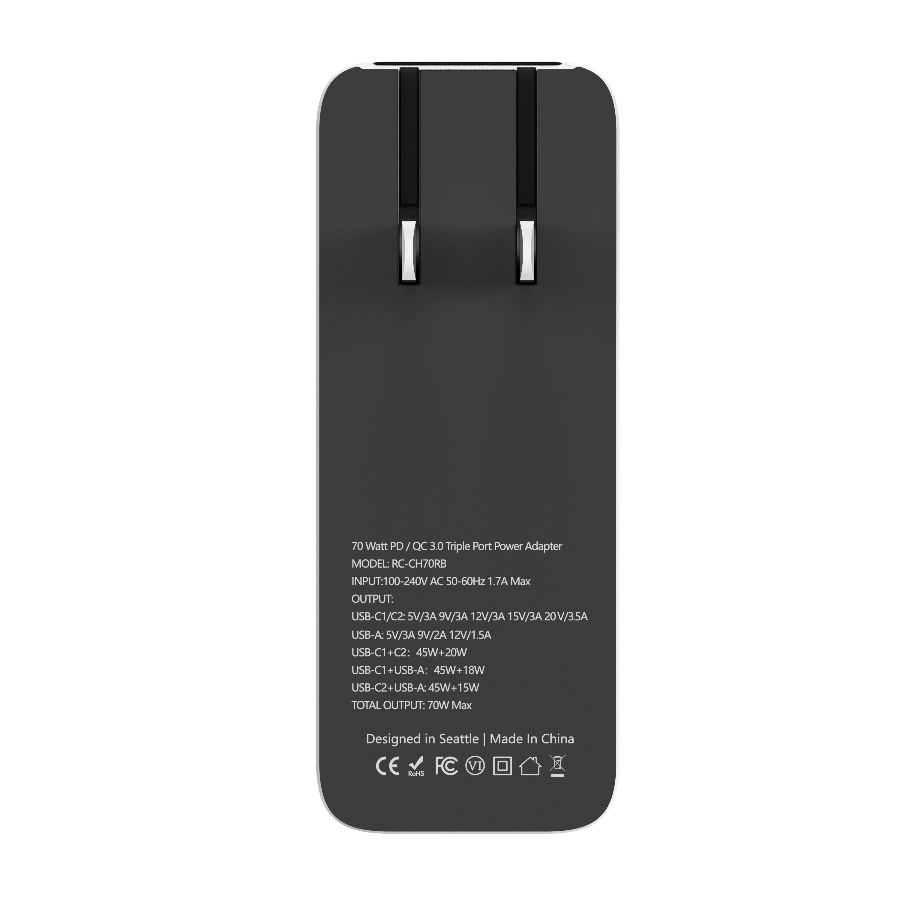 3-in-1 Wall Charger with Retractable Cable - 70W