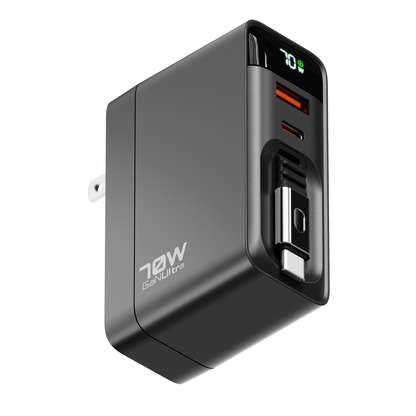 3-in-1 Wall Charger with Retractable Cable - 70W