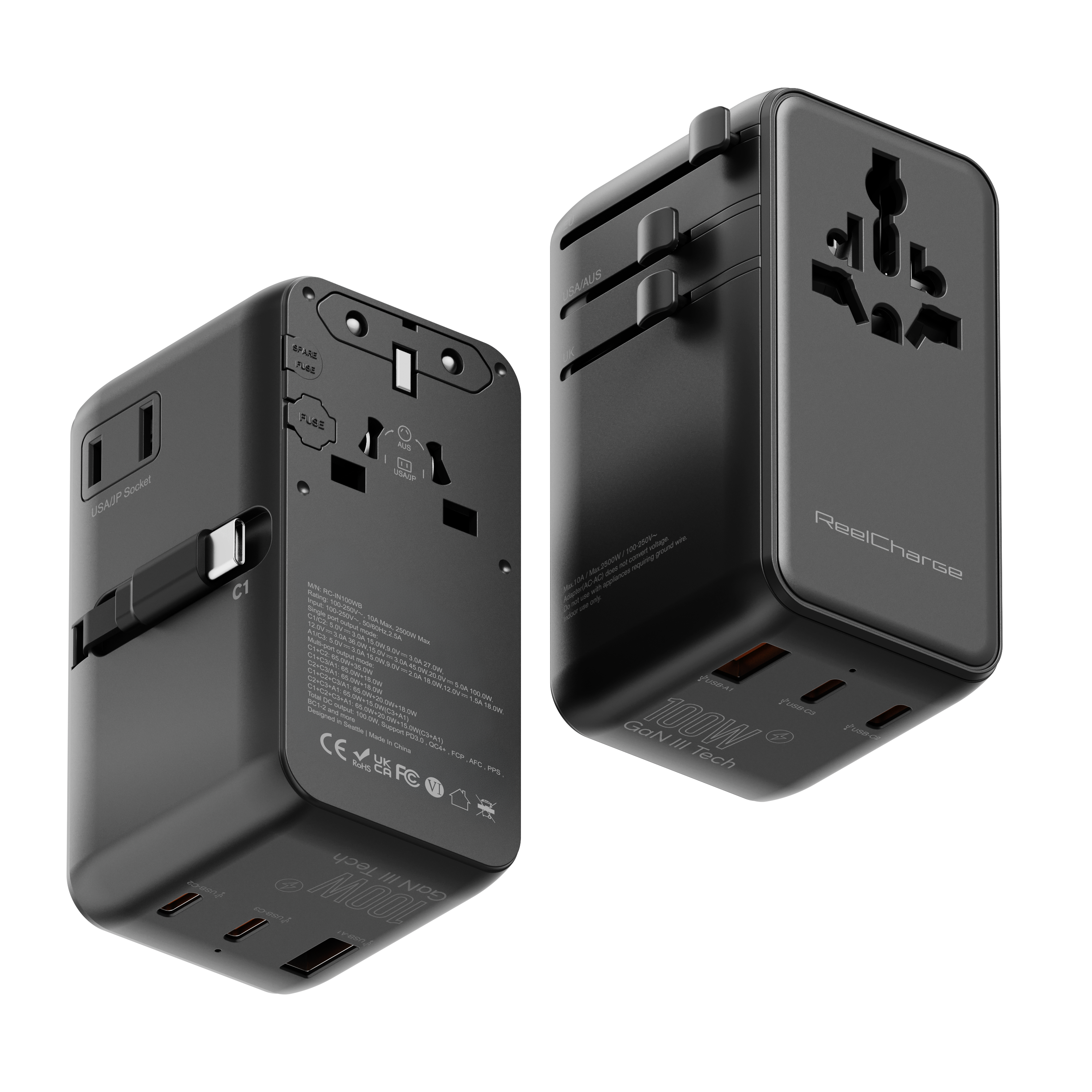 100W Global Travel Charger EU, UK, USA & AUS; includes retractable USB-C Output Cable, US AC Out, USB-A(2) & C Out