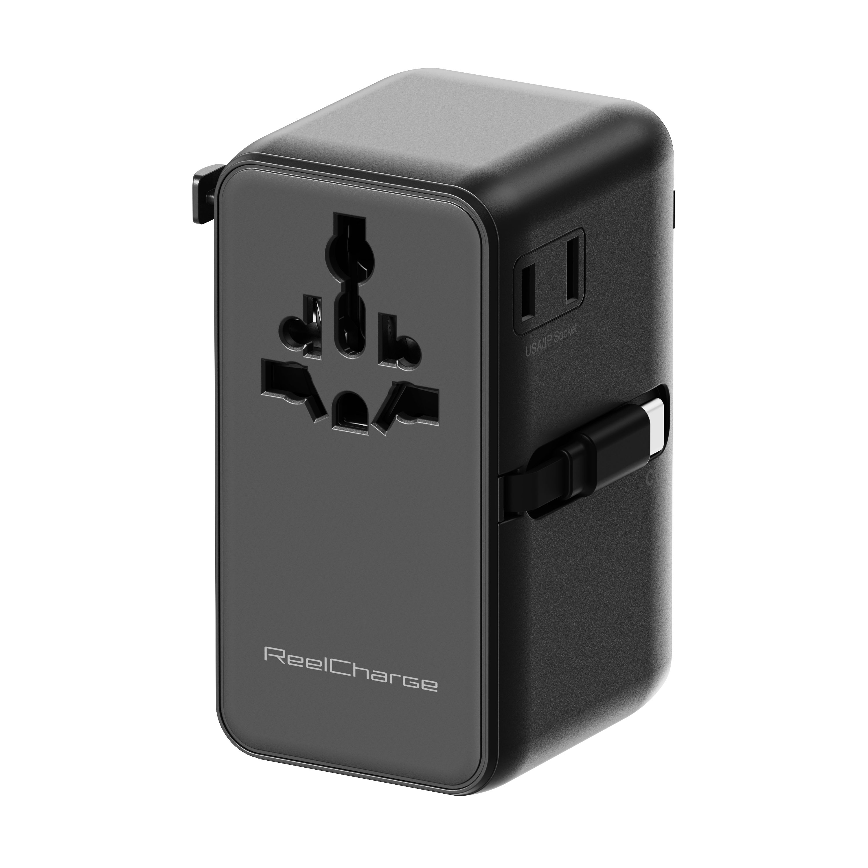 100W Global Travel Charger EU, UK, USA & AUS; includes retractable USB-C Output Cable, US AC Out, USB-A(2) & C Out