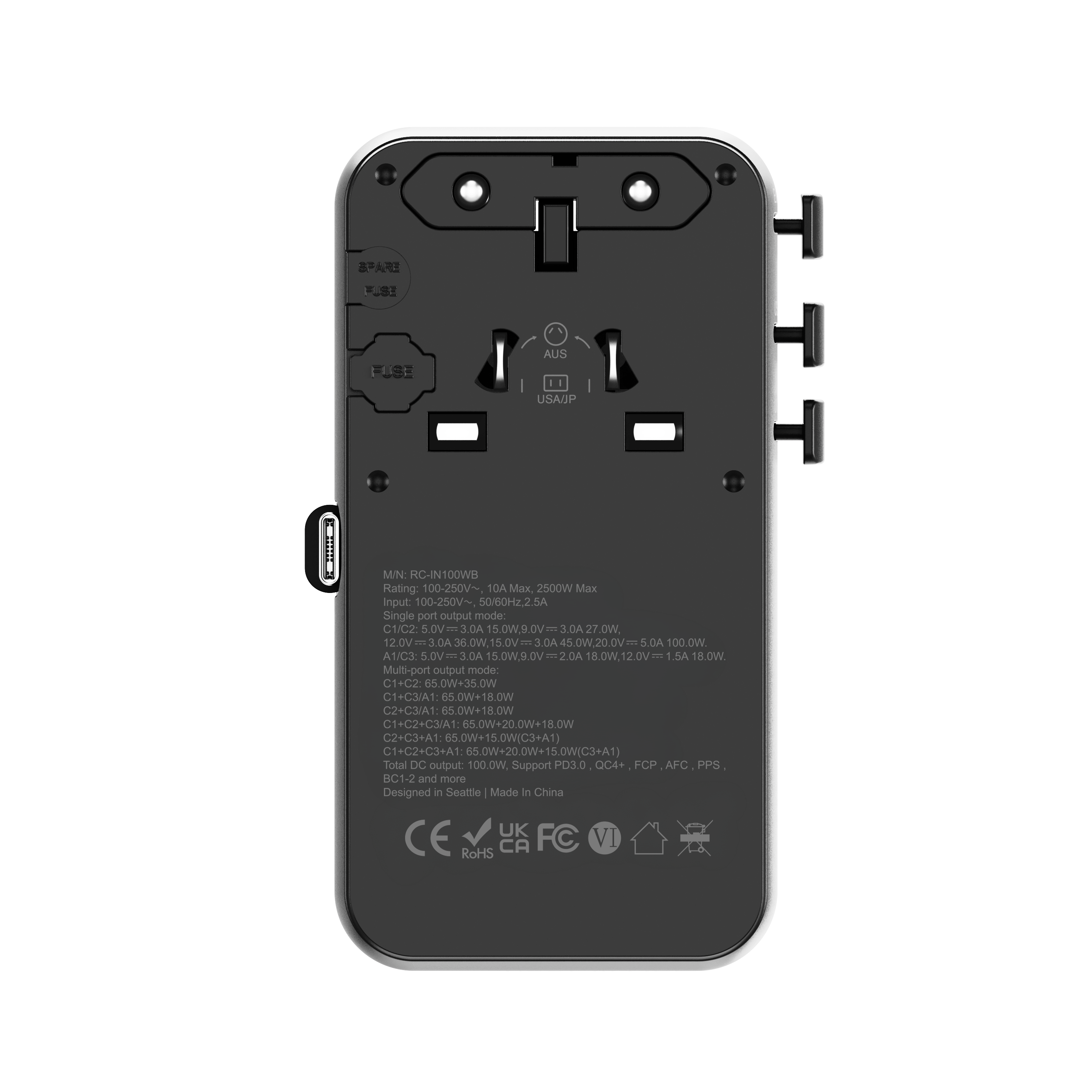 Global Travel Charger with Retractable Cable- 100W