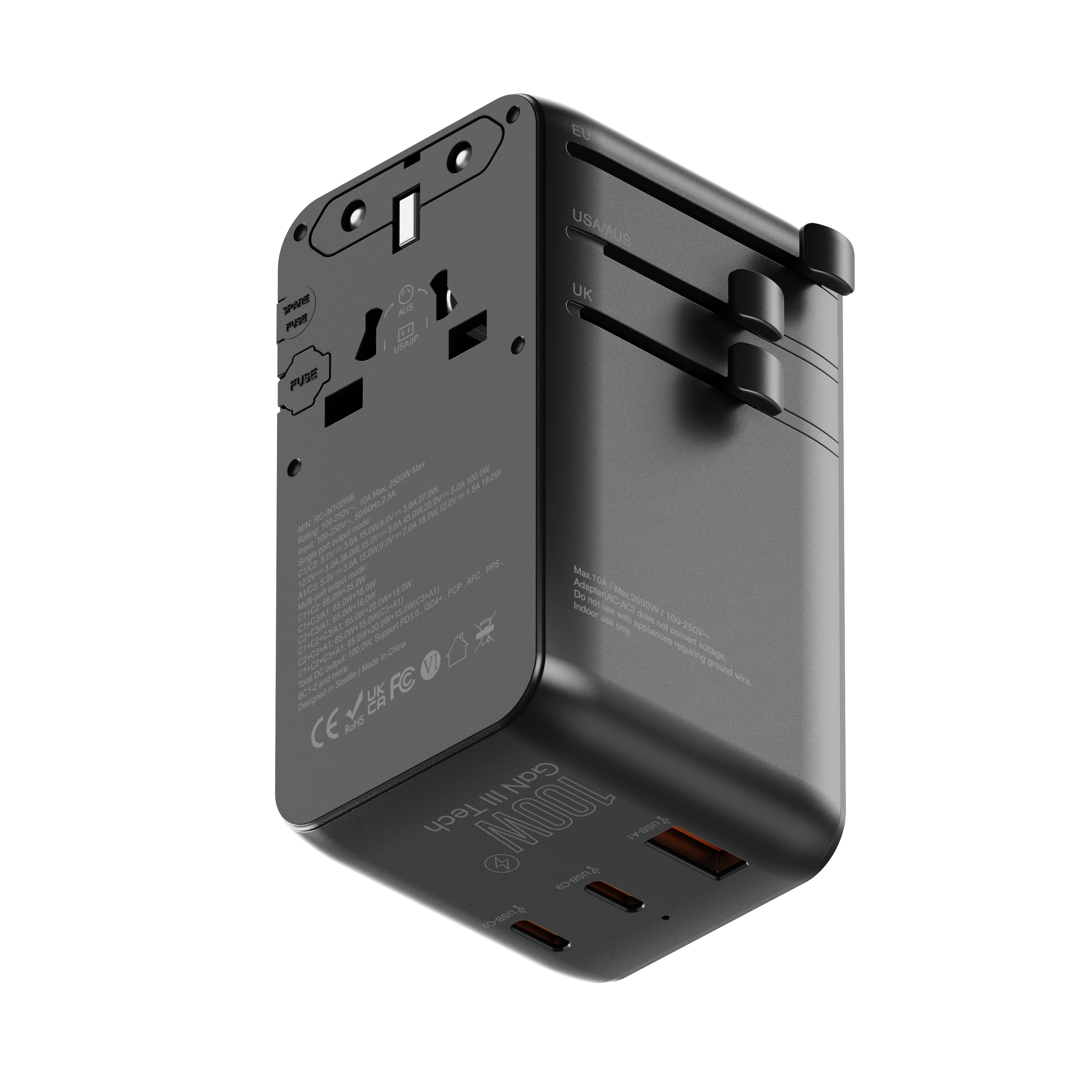 100W Global Travel Charger EU, UK, USA & AUS; includes retractable USB-C Output Cable, US AC Out, USB-A(2) & C Out