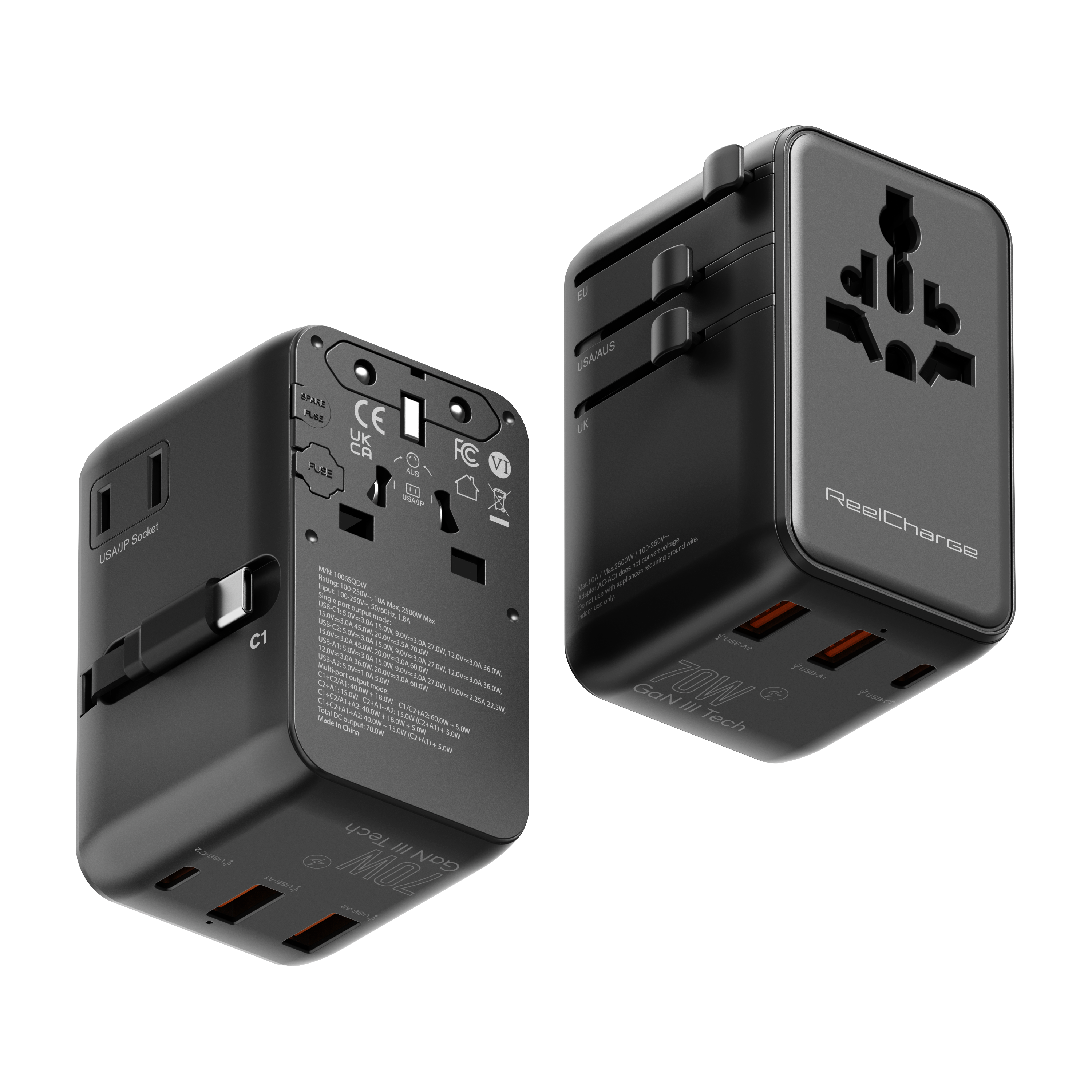 70W Global Travel Charger EU, UK, USA & AUS; includes retractable USB-C Output Cable, US AC Out, USB-A(2) & C Out