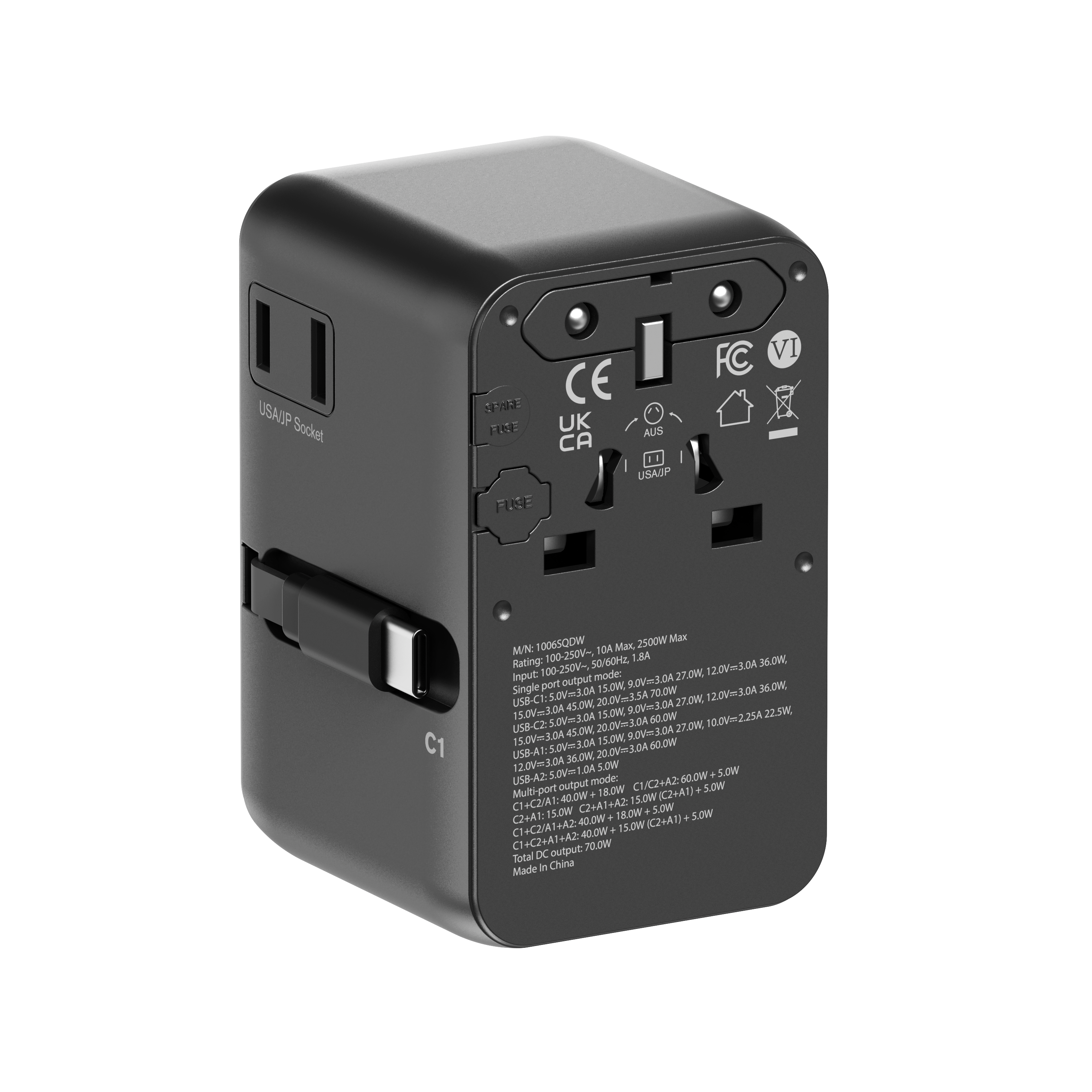 70W Global Travel Charger EU, UK, USA & AUS; includes retractable USB-C Output Cable, US AC Out, USB-A(2) & C Out