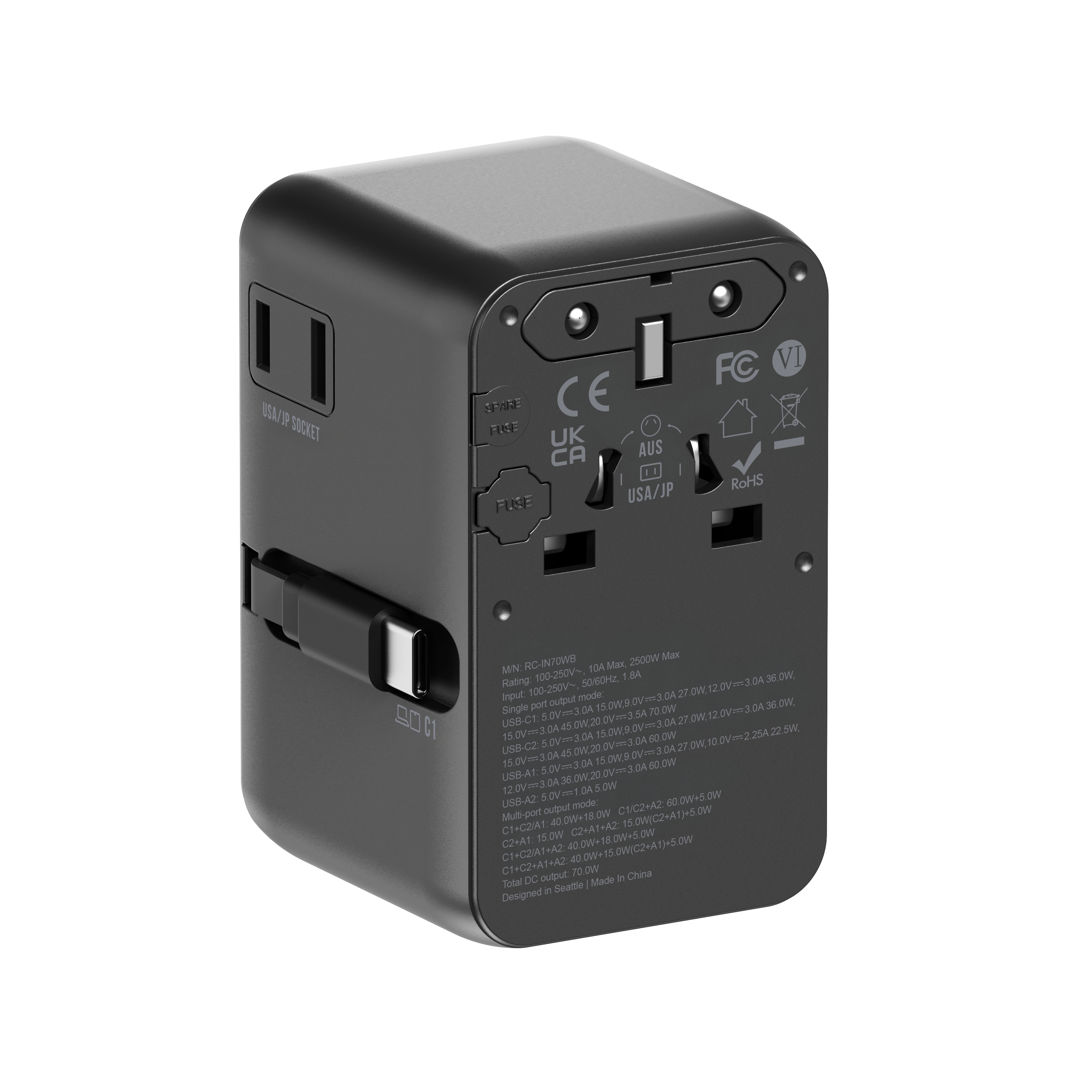 Global Travel Charger with Retractable Cable- 70W