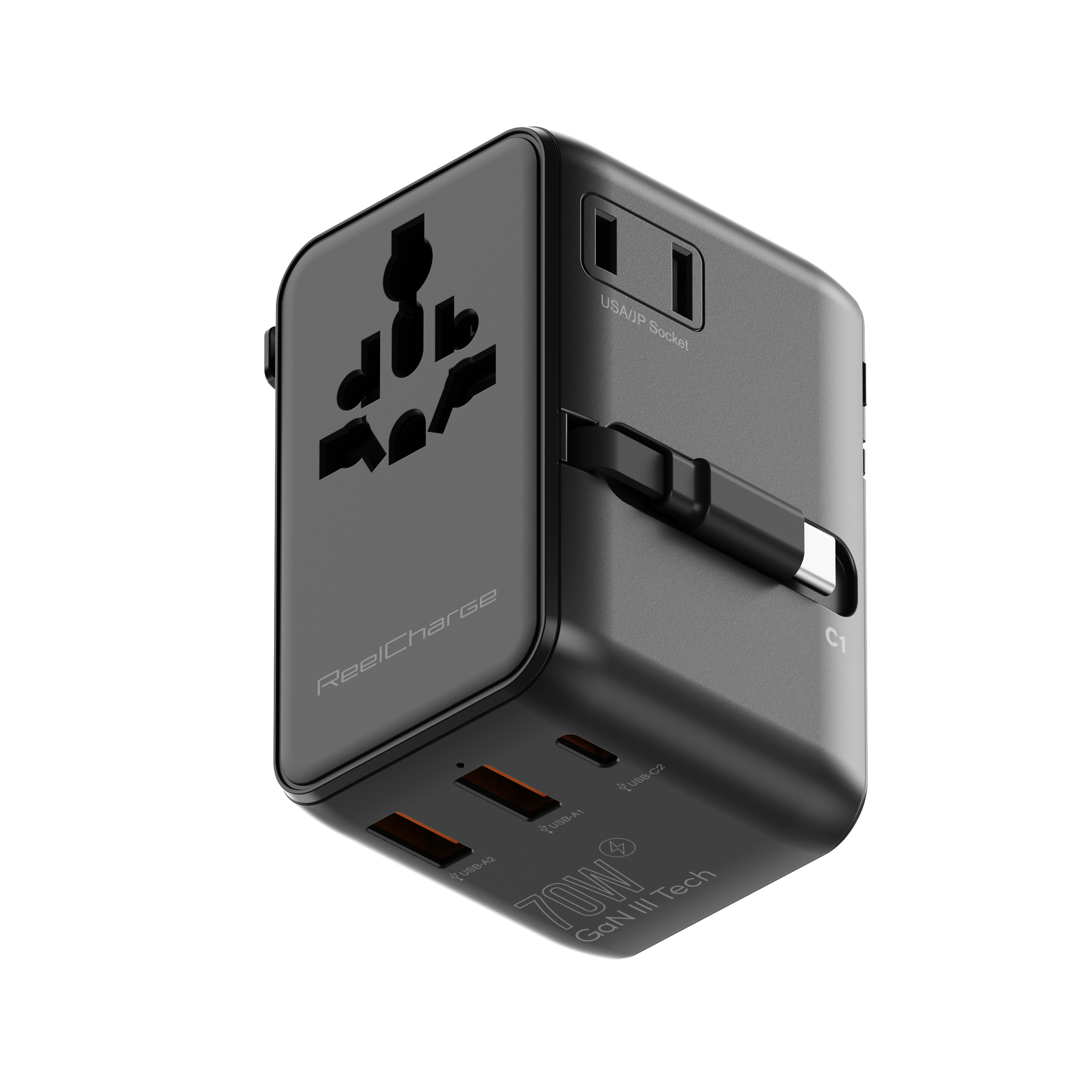 70W Global Travel Charger EU, UK, USA & AUS; includes retractable USB-C Output Cable, US AC Out, USB-A(2) & C Out