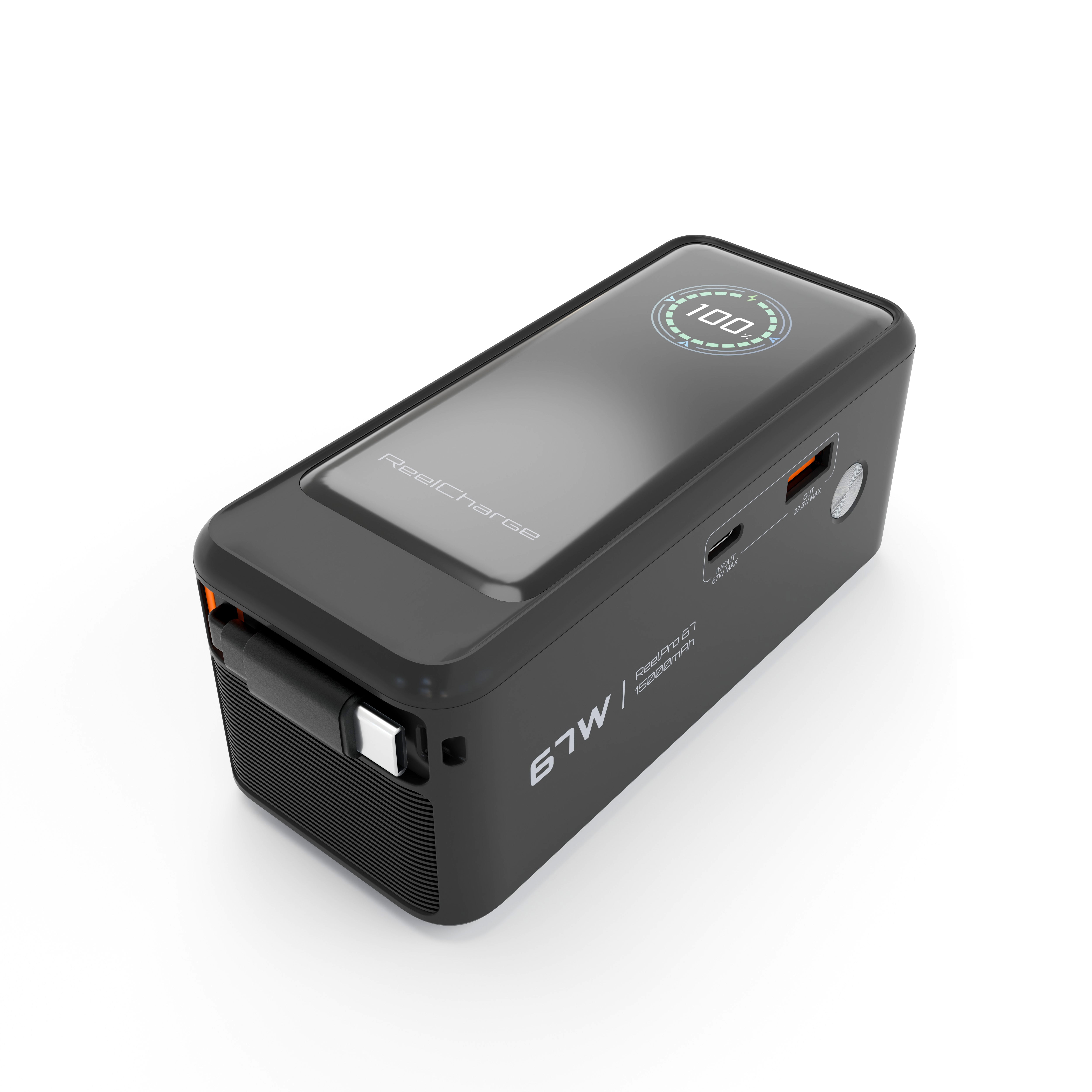 ReelPro 67W 15,000 mAh Power Bank w/ Retractable Cable, Folding prongs
