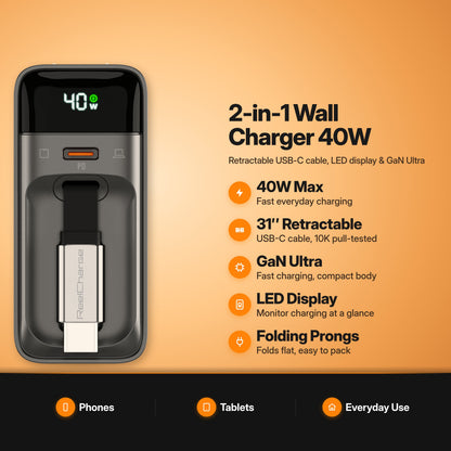 ReelCharge 40W 2-in-1 Wall Charger in Black key features: 40W max, 31" retractable USB-C cable, GaN Ultra, LED display, folding prongs