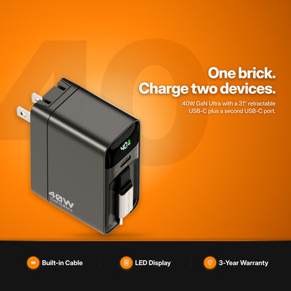 ReelCharge 40W 2-in-1 Wall Charger in Black studio shot — one brick, charge two devices with a built-in retractable USB-C cable plus a second USB-C port