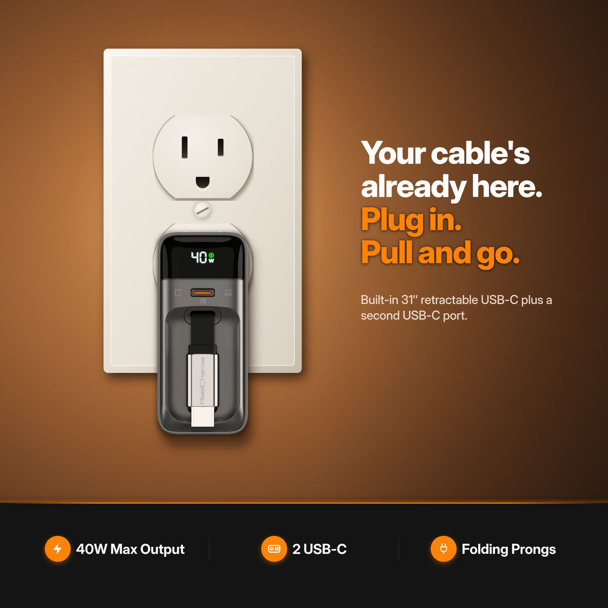 ReelCharge 40W 2-in-1 Wall Charger in Black plugged into a US wall outlet — your cable's already here, plug in, pull and go