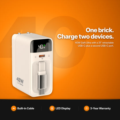 ReelCharge 40W 2-in-1 Wall Charger in White studio shot — one brick, charge two devices with a built-in retractable USB-C cable plus a second USB-C port