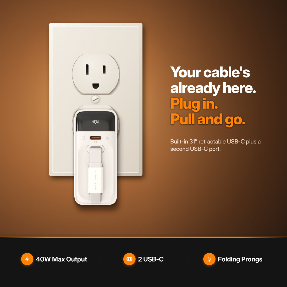 ReelCharge 40W 2-in-1 Wall Charger in White plugged into a US wall outlet — your cable's already here, plug in, pull and go