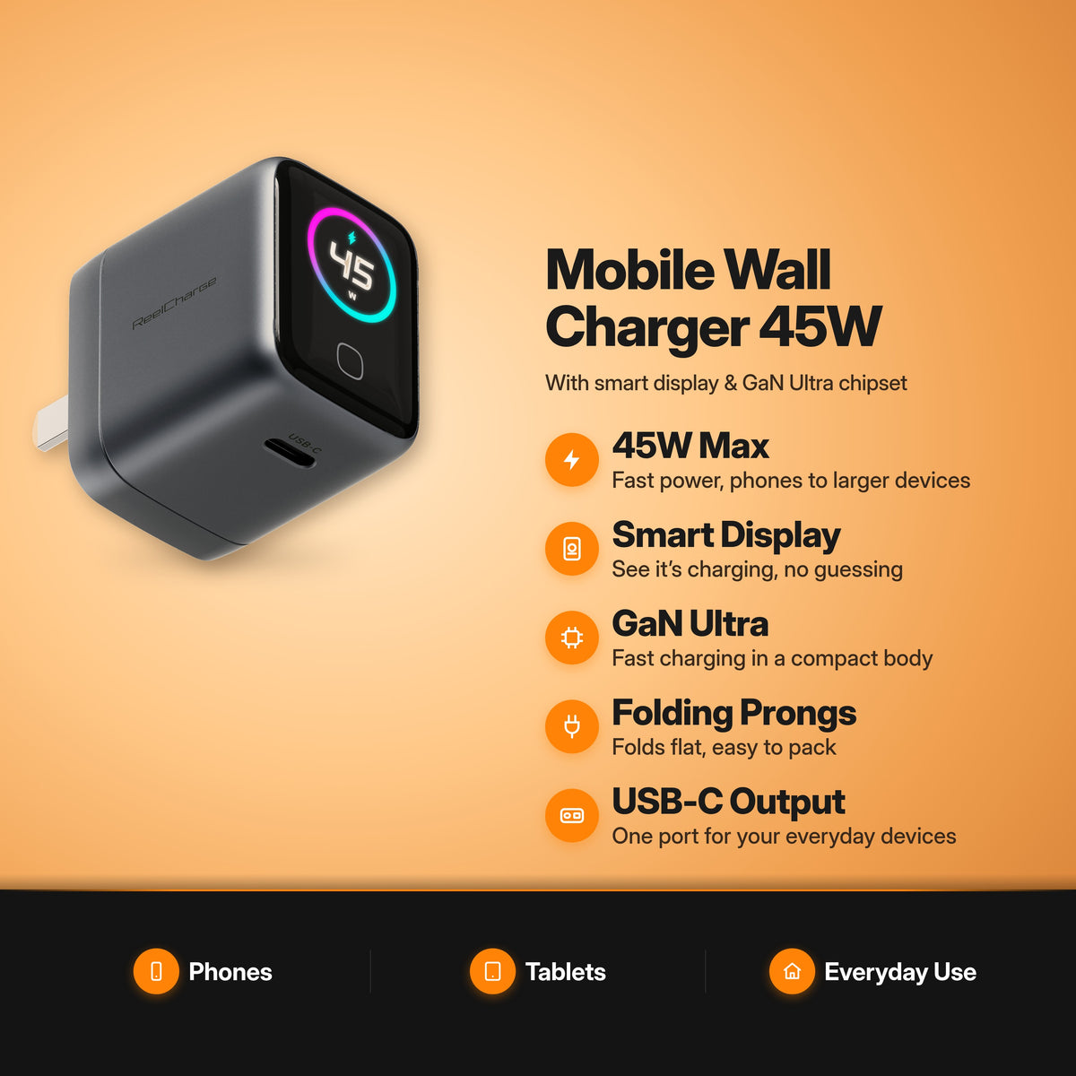 ReelCharge 45W Mobile Wall Charger key features: 45W max, smart display, GaN Ultra, folding prongs, USB-C