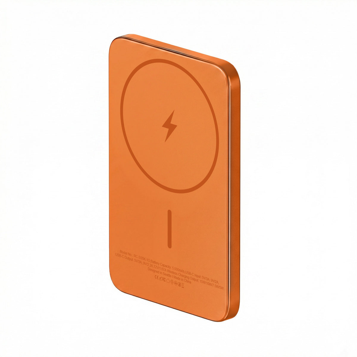 ReelCharge Semi-Solid State Wireless Power Bank 5,000 mAh in Orange, standing view of the wireless charging side