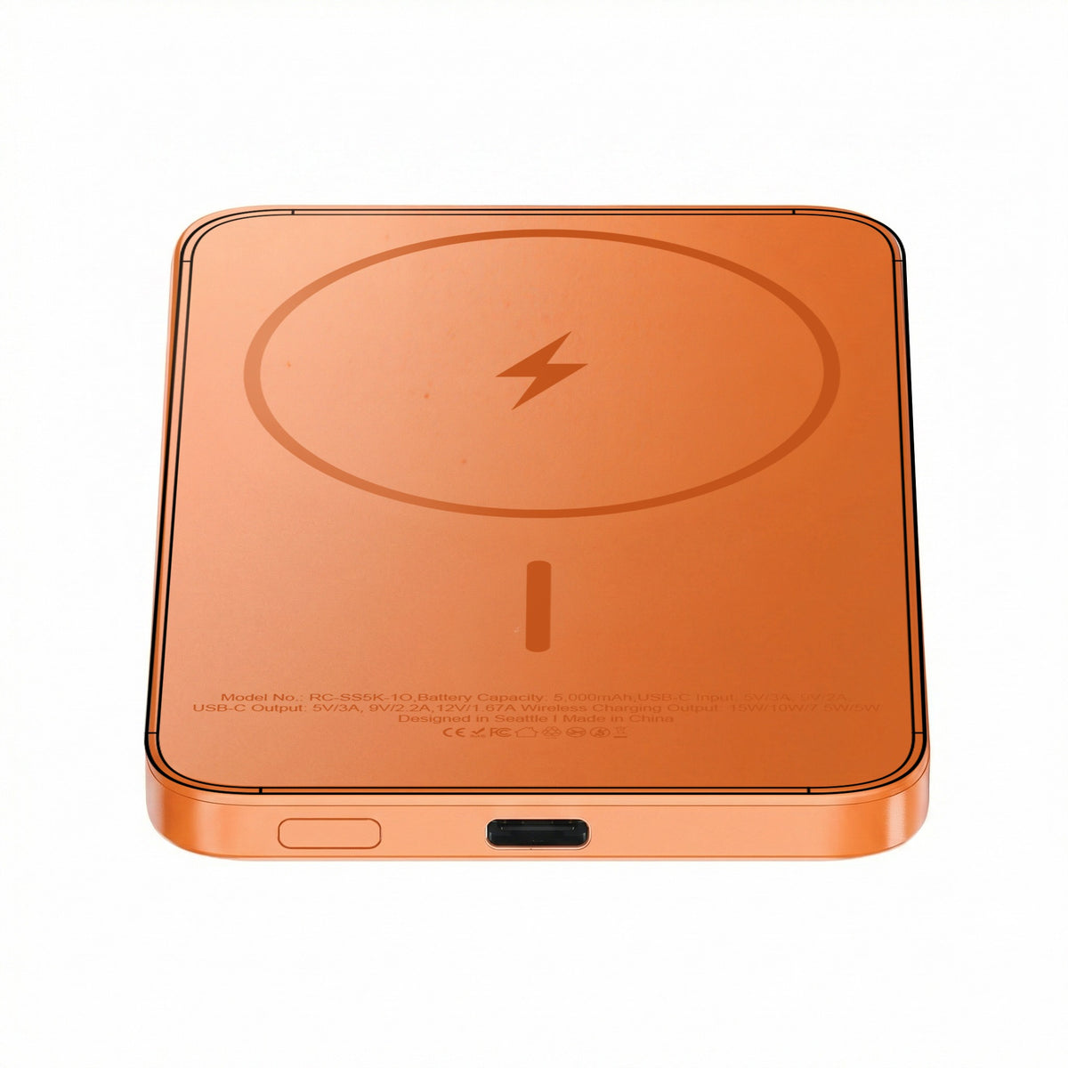 ReelCharge Semi-Solid State Wireless Power Bank 5,000 mAh in Orange, back view with wireless charging ring and USB-C port