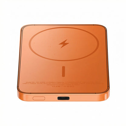 ReelCharge Semi-Solid State Wireless Power Bank 5,000 mAh in Orange, back view with wireless charging ring and USB-C port