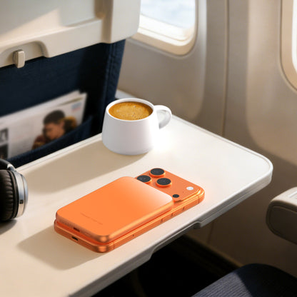 ReelCharge Solid State Premium Wireless Power Bank 5,000 mAh in Orange on an airplane tray table next to a phone and coffee