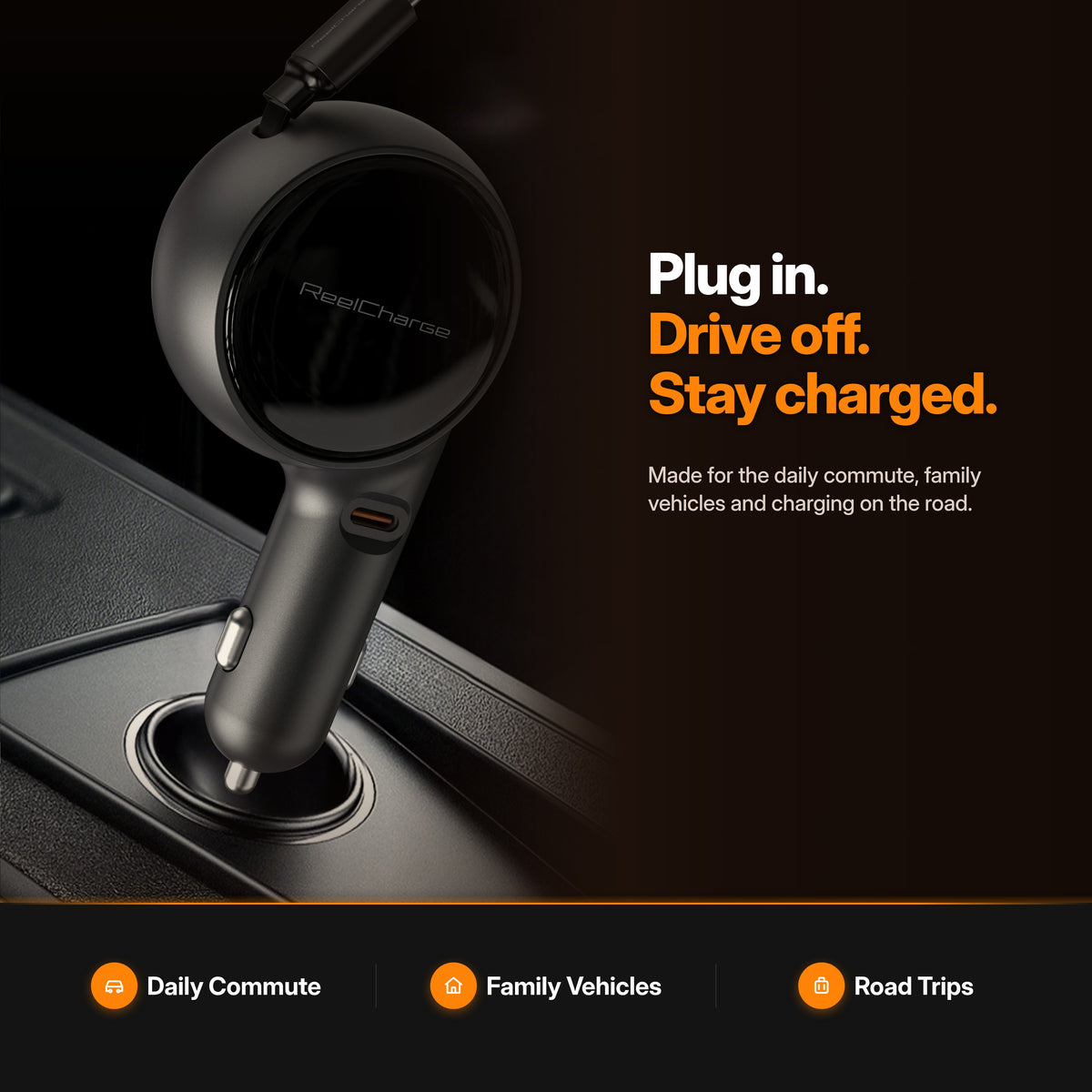ReelCharge 2-in-1 Car Charger 60W plugged into a car console socket — plug in, drive off, stay charged
