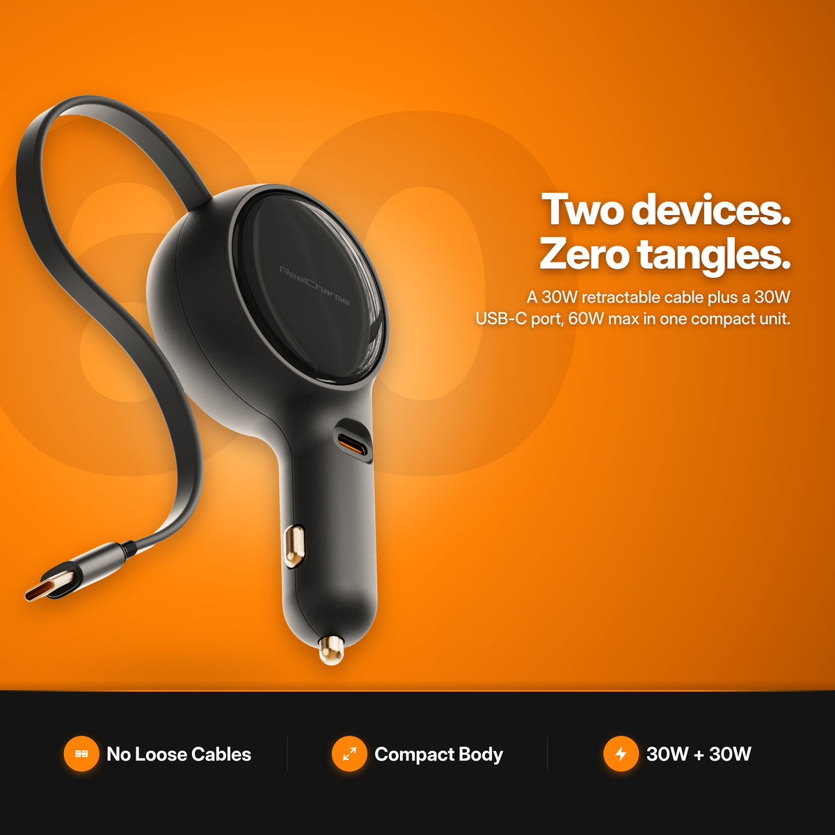 ReelCharge 2-in-1 Car Charger 60W studio shot — two devices, zero tangles: 30W retractable cable plus a 30W USB-C port