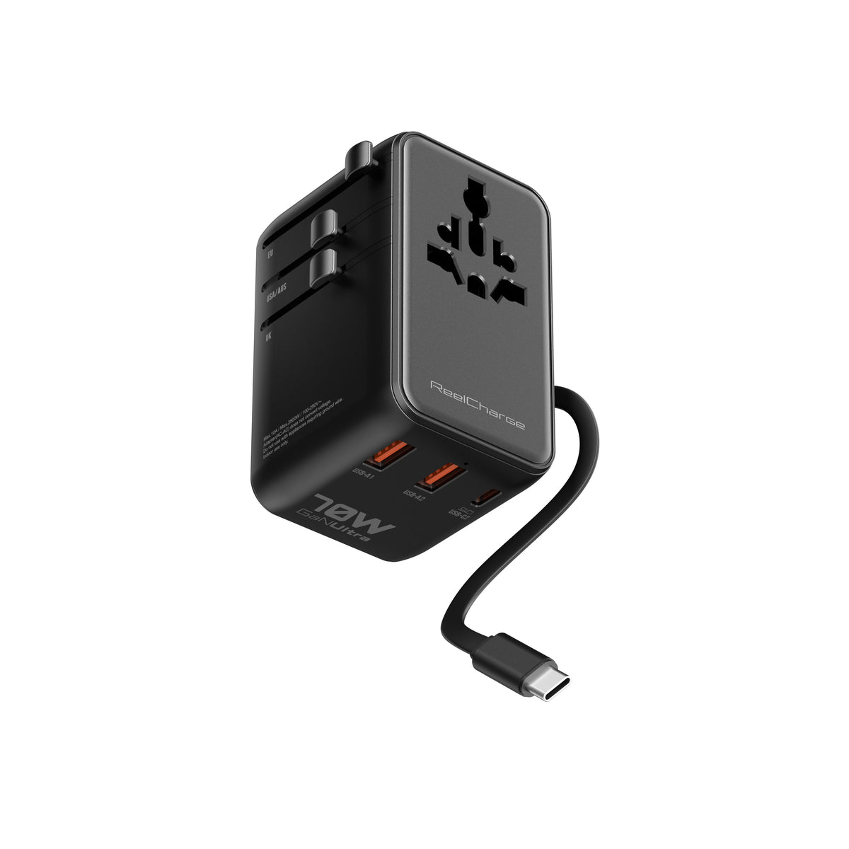 ReelCharge 70W Global Travel Charger with retractable USB-C cable extended