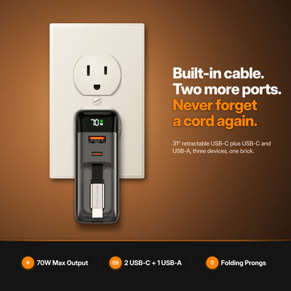 ReelCharge 70W 3-in-1 Wall Charger in Black plugged into a US wall outlet — built-in cable, two more ports, never forget a cord again