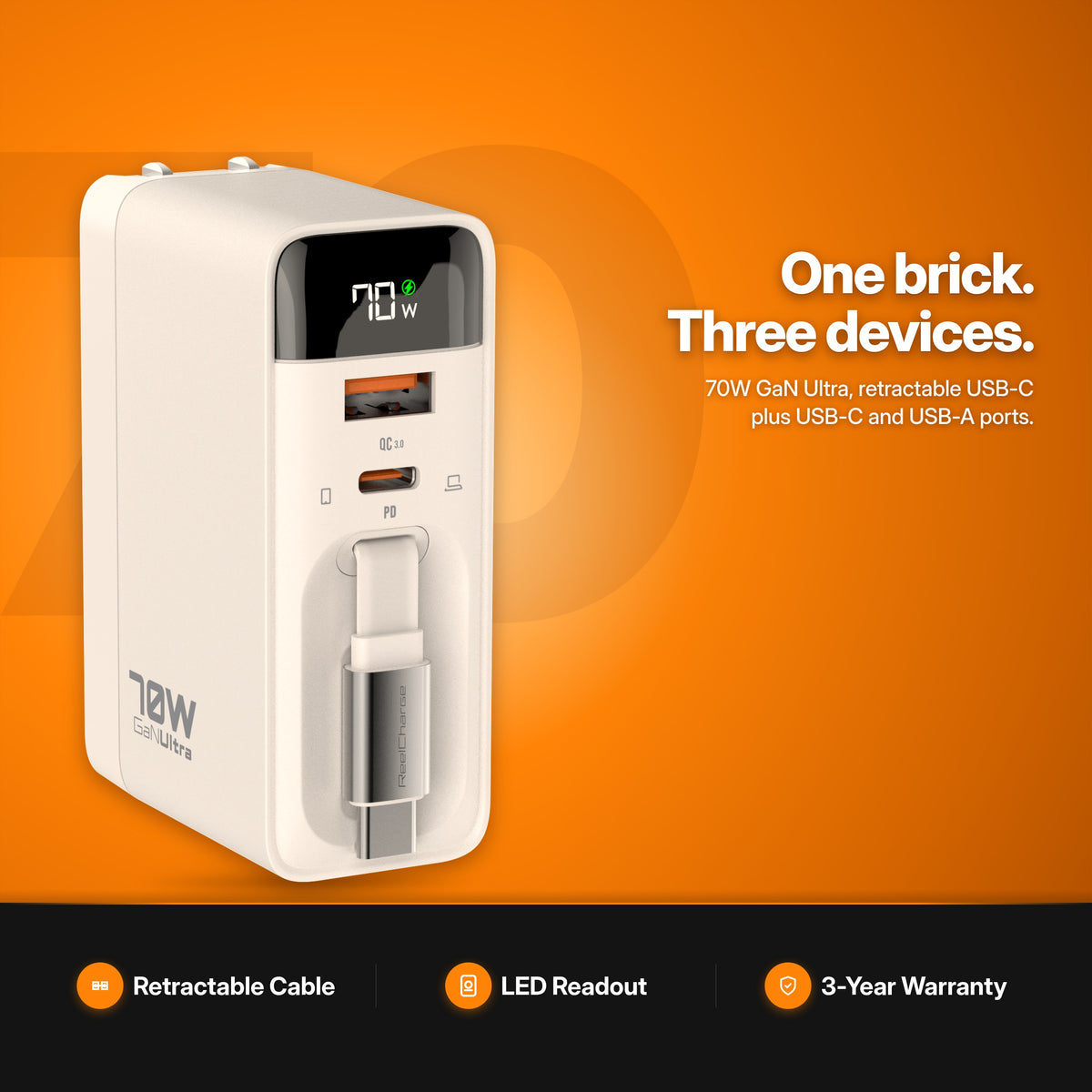 ReelCharge 70W 3-in-1 Wall Charger in White studio shot — one brick, three devices with a built-in retractable USB-C cable plus USB-C and USB-A ports