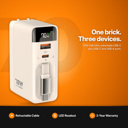 ReelCharge 70W 3-in-1 Wall Charger in White studio shot — one brick, three devices with a built-in retractable USB-C cable plus USB-C and USB-A ports