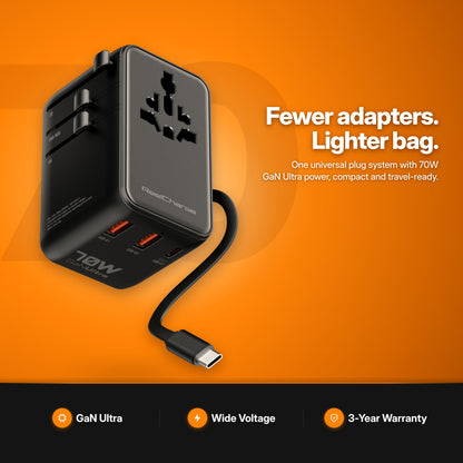 ReelCharge 70W Global Travel Charger studio shot — fewer adapters, lighter bag: one universal plug system with 70W GaN Ultra power