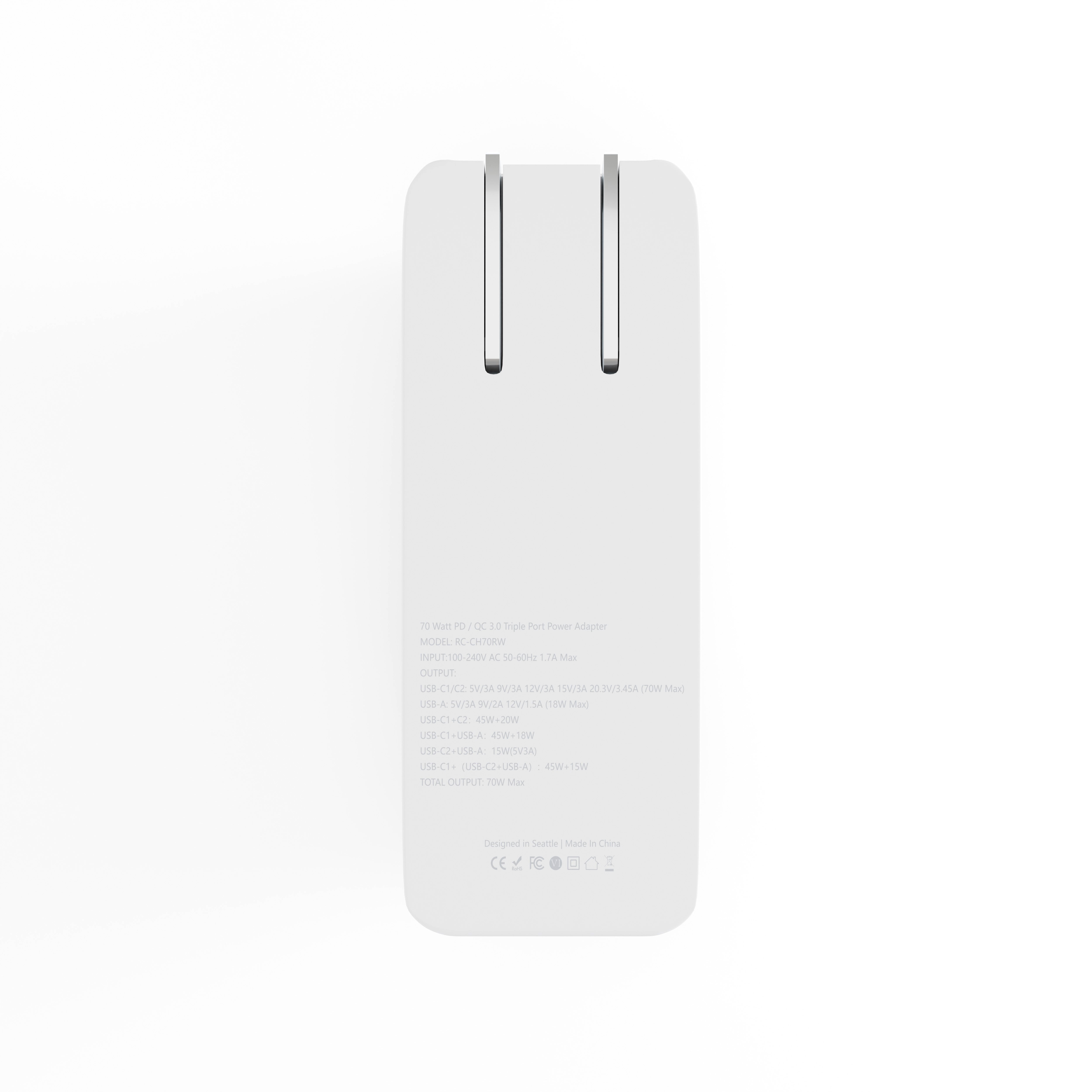 70W USB-C+C+A AVS Wall Charger w/Retractable Cable