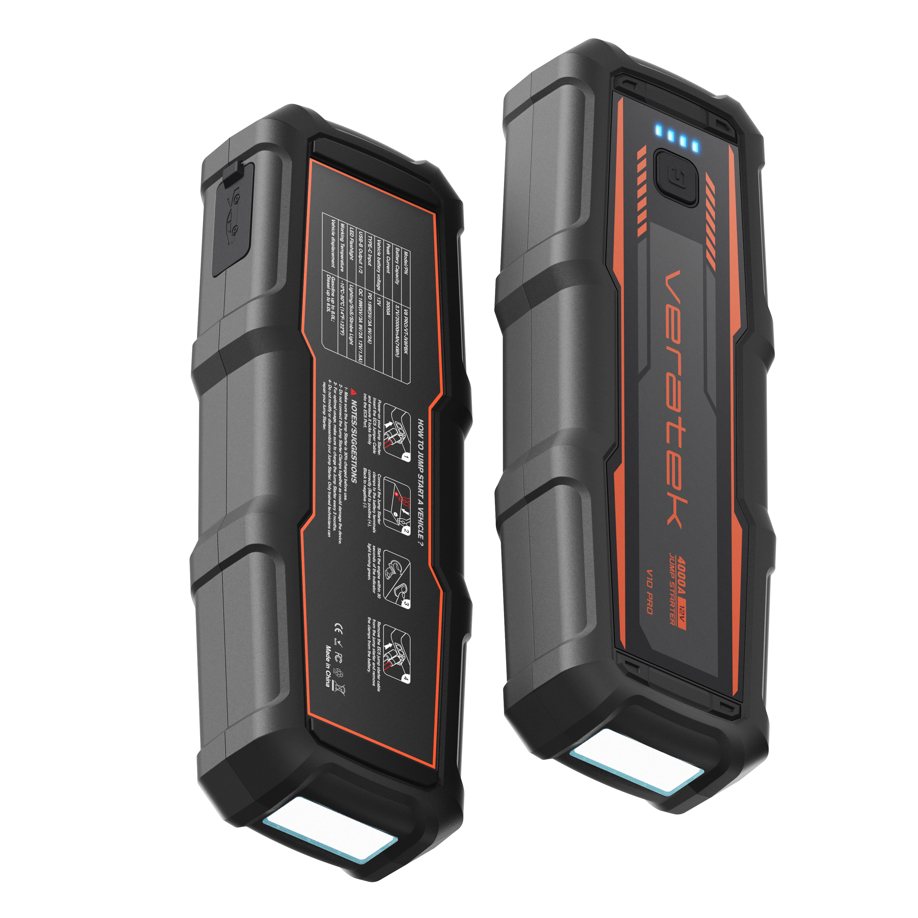 Veratek V10 Pro 4000A Car Battery Jump Starter Portable (10.0L Gas & 8.0L Diesel)