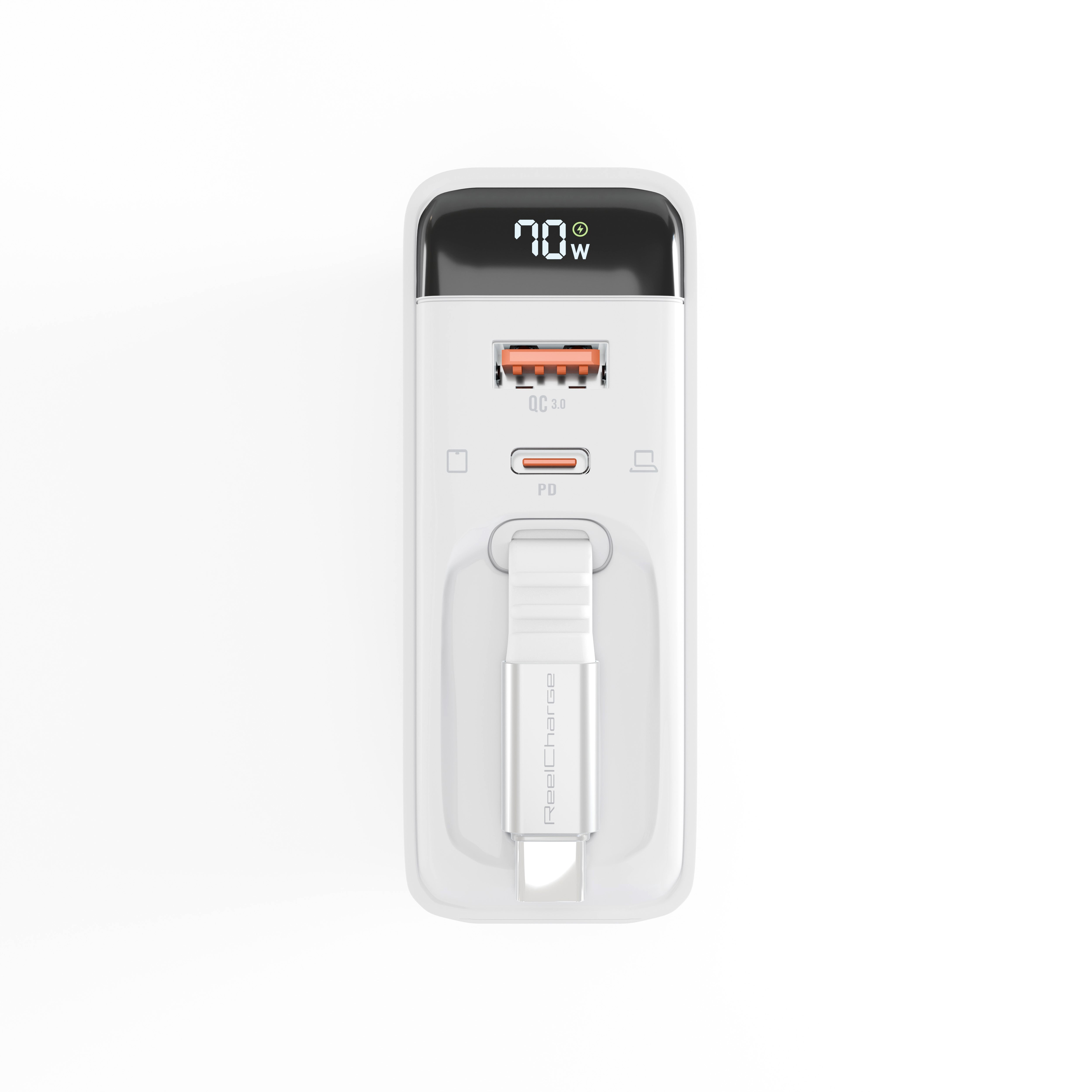 70W Wall Charger w/ Retractable USB-C Cable, LED Display, Folding Wall Prongs & USB-A & C ports