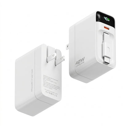 40W Wall Charger w/ Retractable USB-C Cable, LED Display, USB-C port, Folding Prongs
