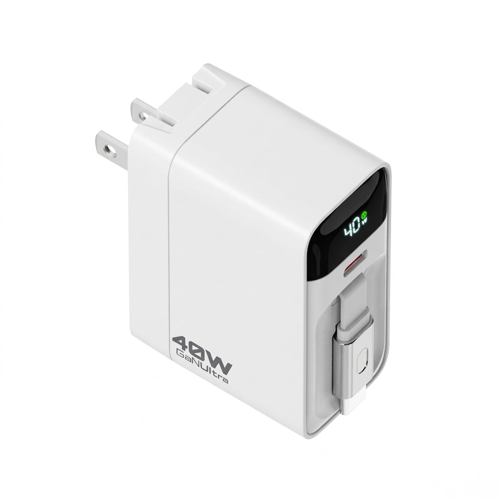 40W Wall Charger w/ Retractable USB-C Cable, LED Display, USB-C port, Folding Prongs