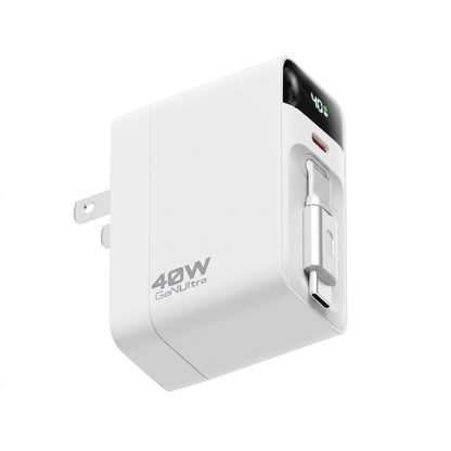 40W Wall Charger w/ Retractable USB-C Cable, LED Display, USB-C port, Folding Prongs
