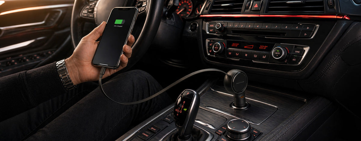 Driver charging phone with ReelCharge 60W car charger and retractable cable