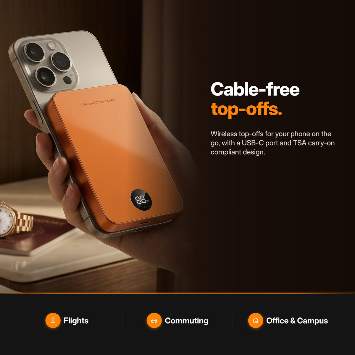 ReelCharge ReelSafe Wireless Power Bank 10K Orange in use