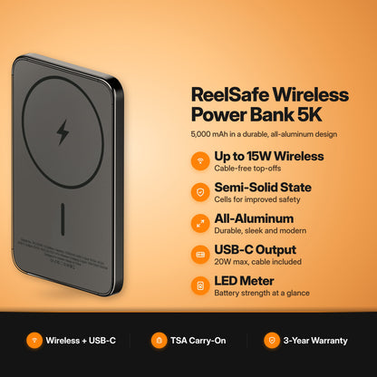 ReelCharge ReelSafe Wireless Power Bank 5K Gray key features