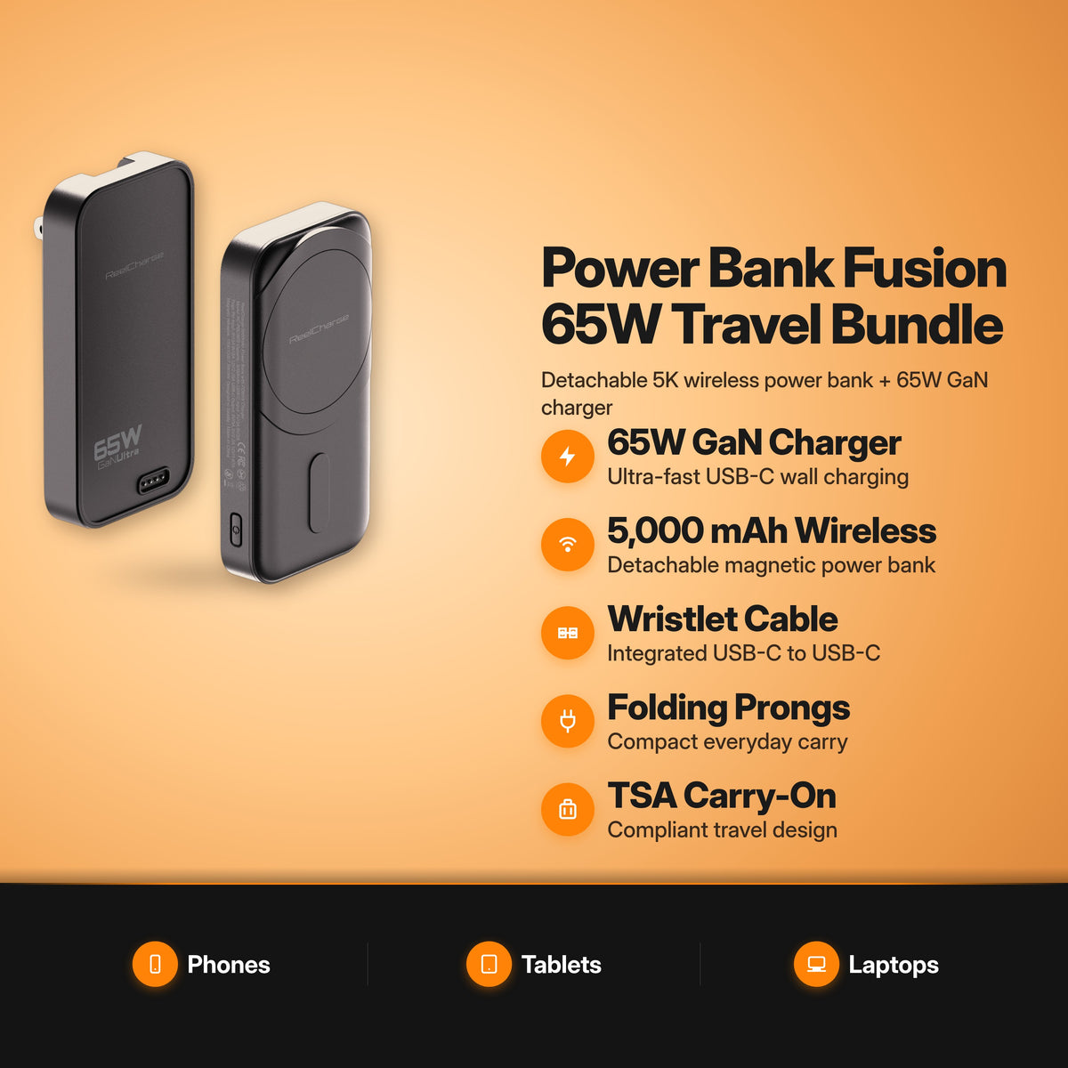 ReelCharge Power Bank Fusion 65W Travel Bundle key features