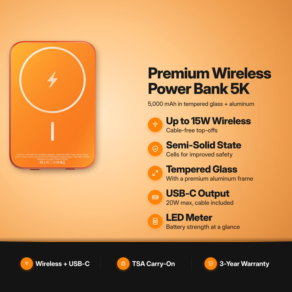 ReelCharge Premium Wireless Power Bank 5K Orange key features