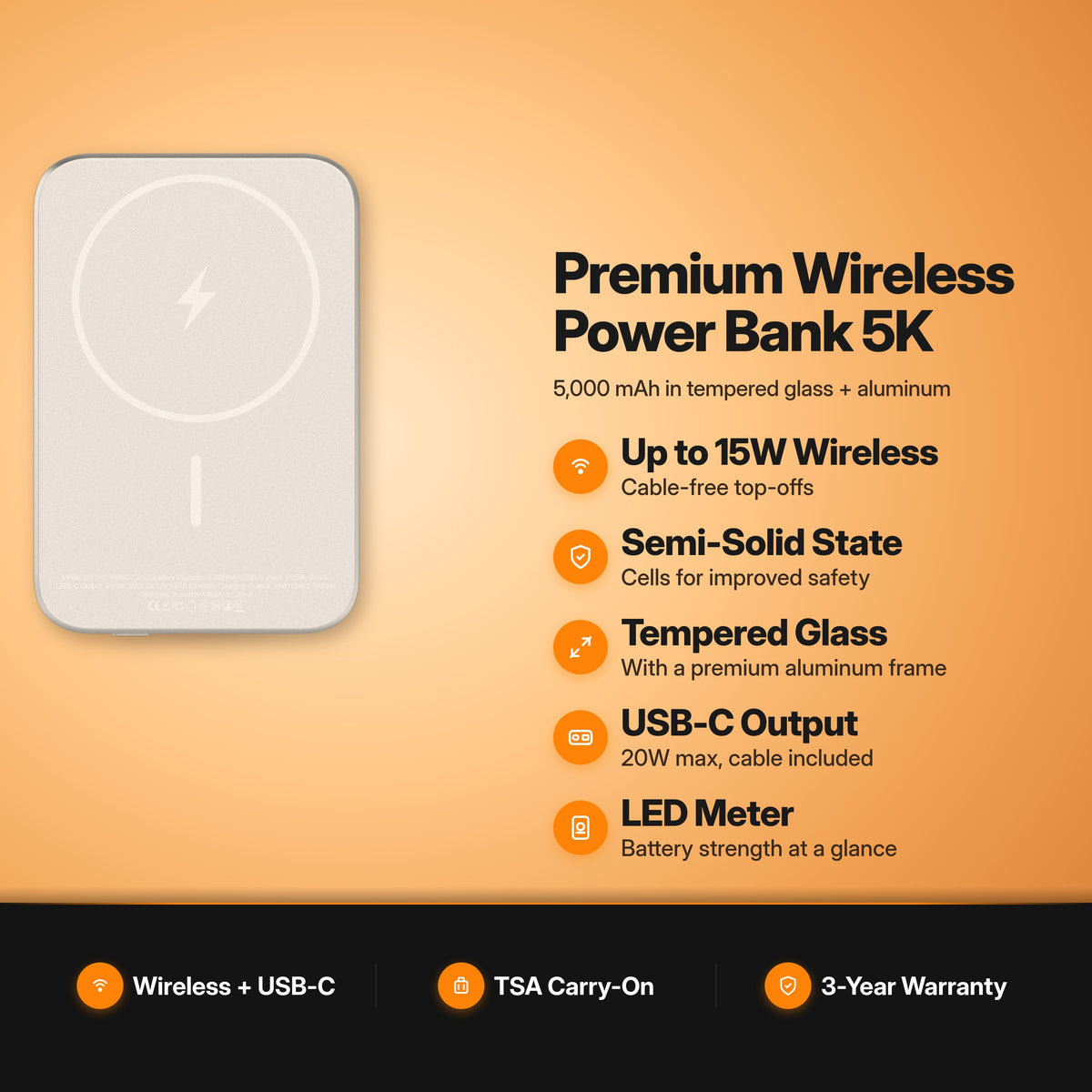 ReelCharge Premium Wireless Power Bank 5K Silver key features