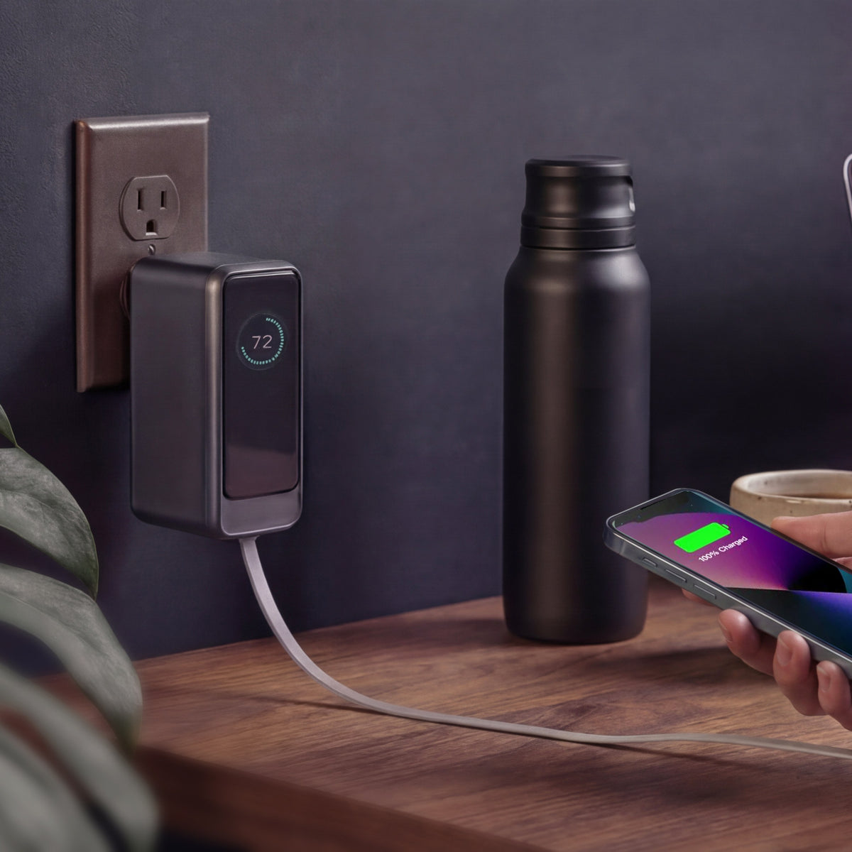 ReelCharge ReelPro 67W Power Bank plugged into a wall outlet with folding prongs, charging a phone with its retractable cable