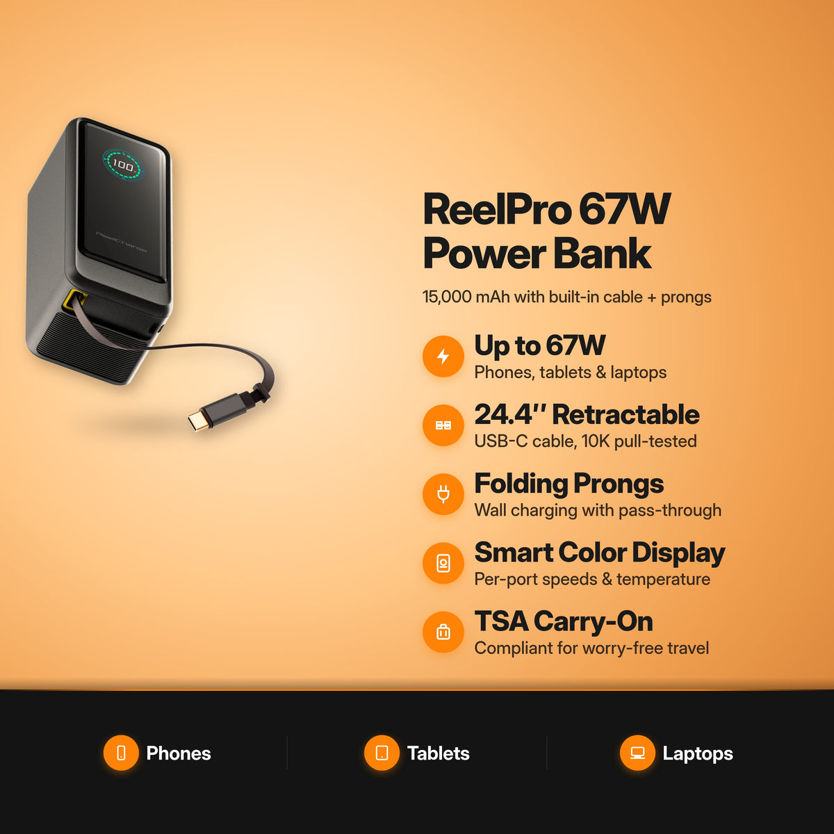 ReelCharge ReelPro 67W Power Bank key features