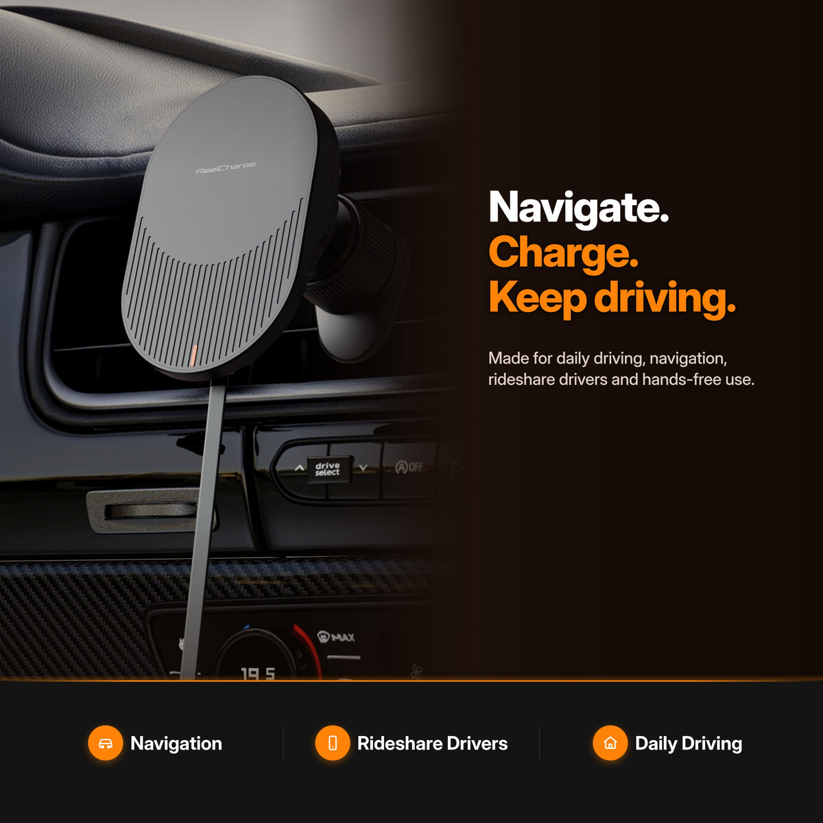 ReelCharge Wireless Vent Mount 15W mounted on a car air vent — navigate, charge, keep driving